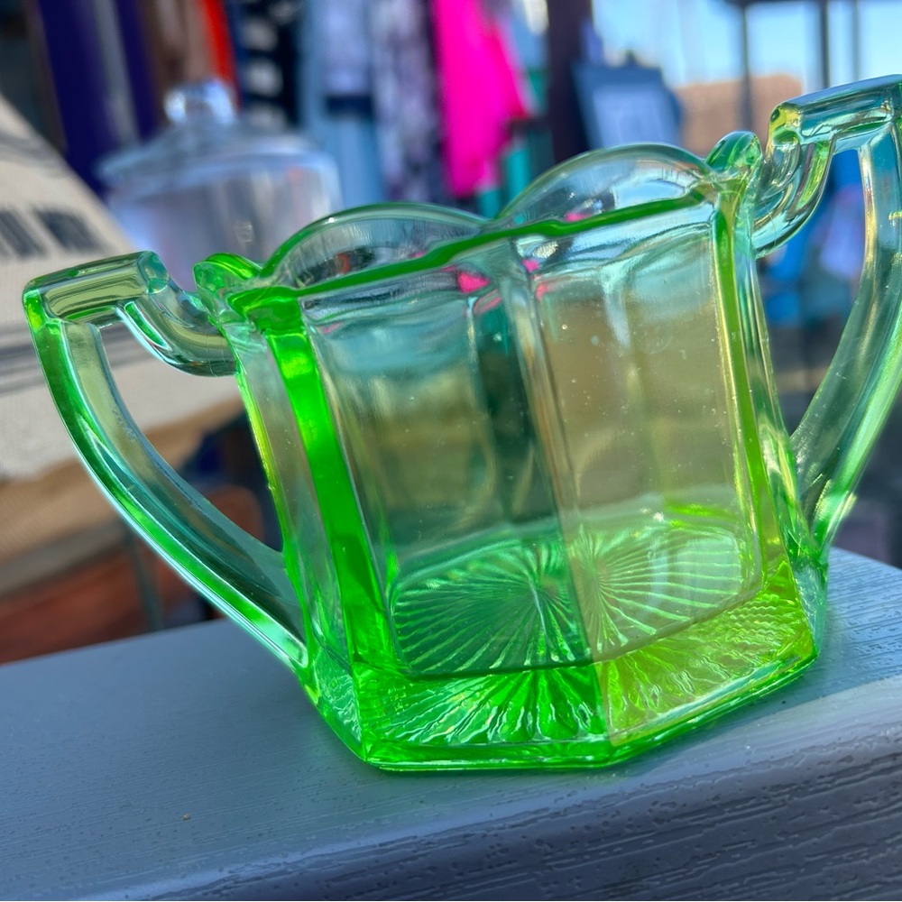 Vintage Green Uranium Glass Sugar Bowl